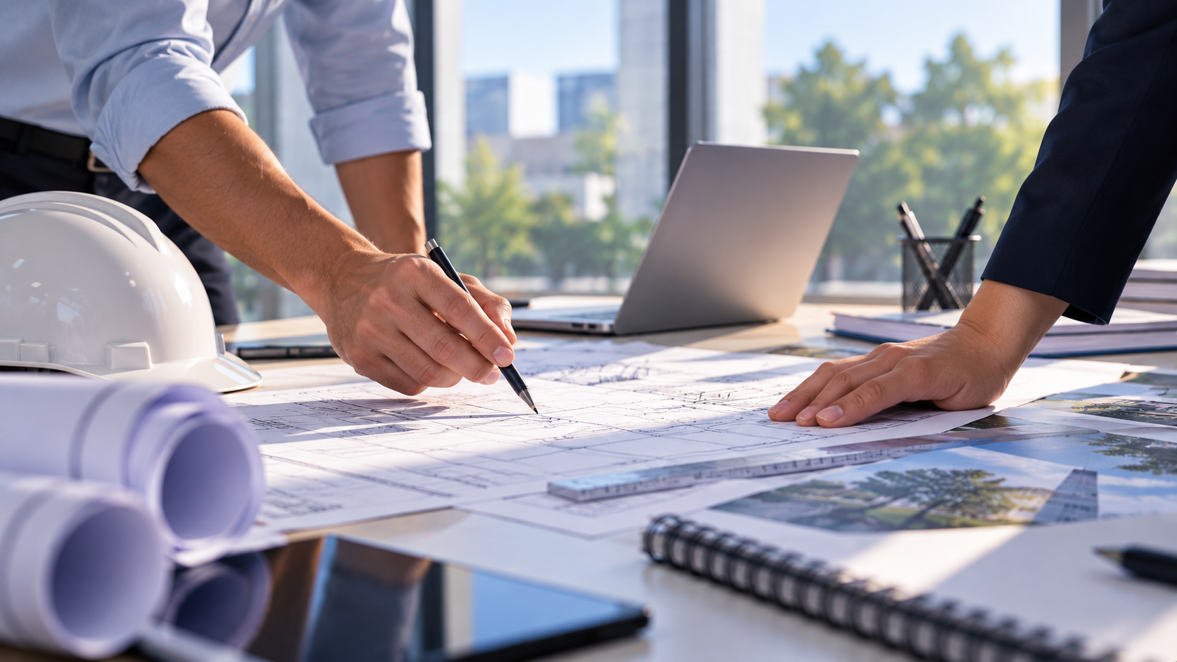 Architecte et cheffe de projet examinant en détail des plans techniques et un cahier des charges sur une table de bureau