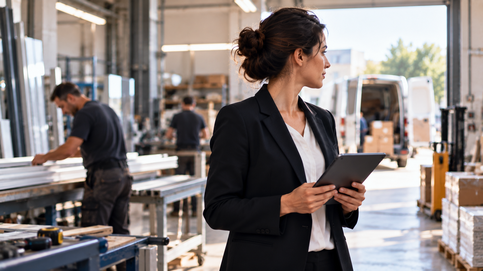 Cheffe de projet avec une tablette numérique inspectant une ligne de production dans un atelier industriel, entourée d'ouvriers