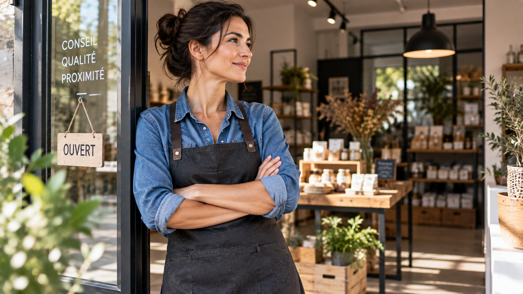 Commerçante en tablier se tenant devant sa boutique ouverte, illustrant une petite entreprise pouvant candidater aux marchés publics