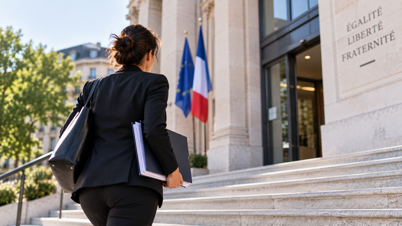 Femme d'affaires se dirigeant vers un bâtiment institutionnel affichant « Égalité Liberté Fraternité », drapeaux français et européen
