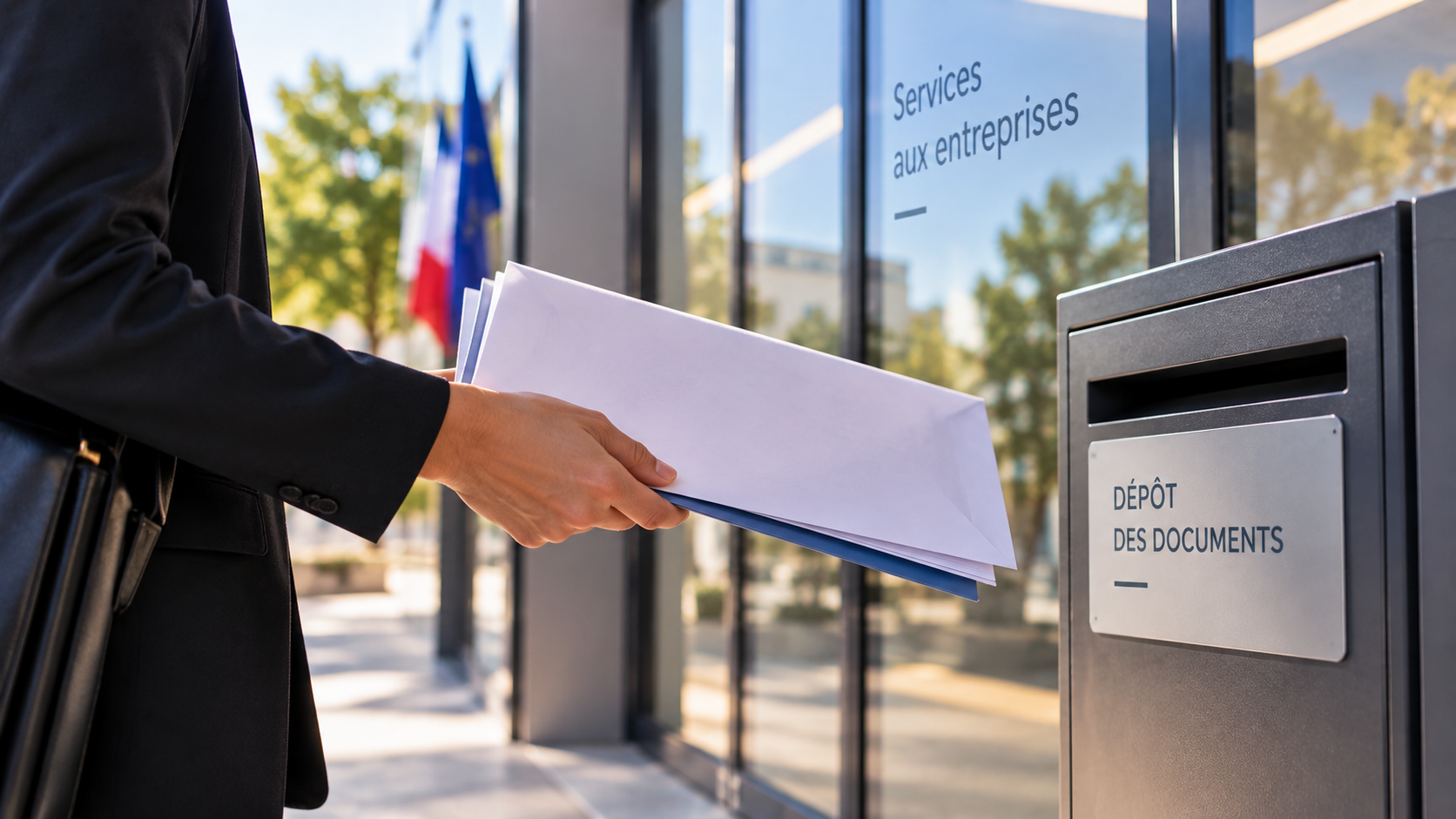 Main déposant un dossier de candidature dans une boîte « Dépôt des documents » devant un bâtiment de services aux entreprises