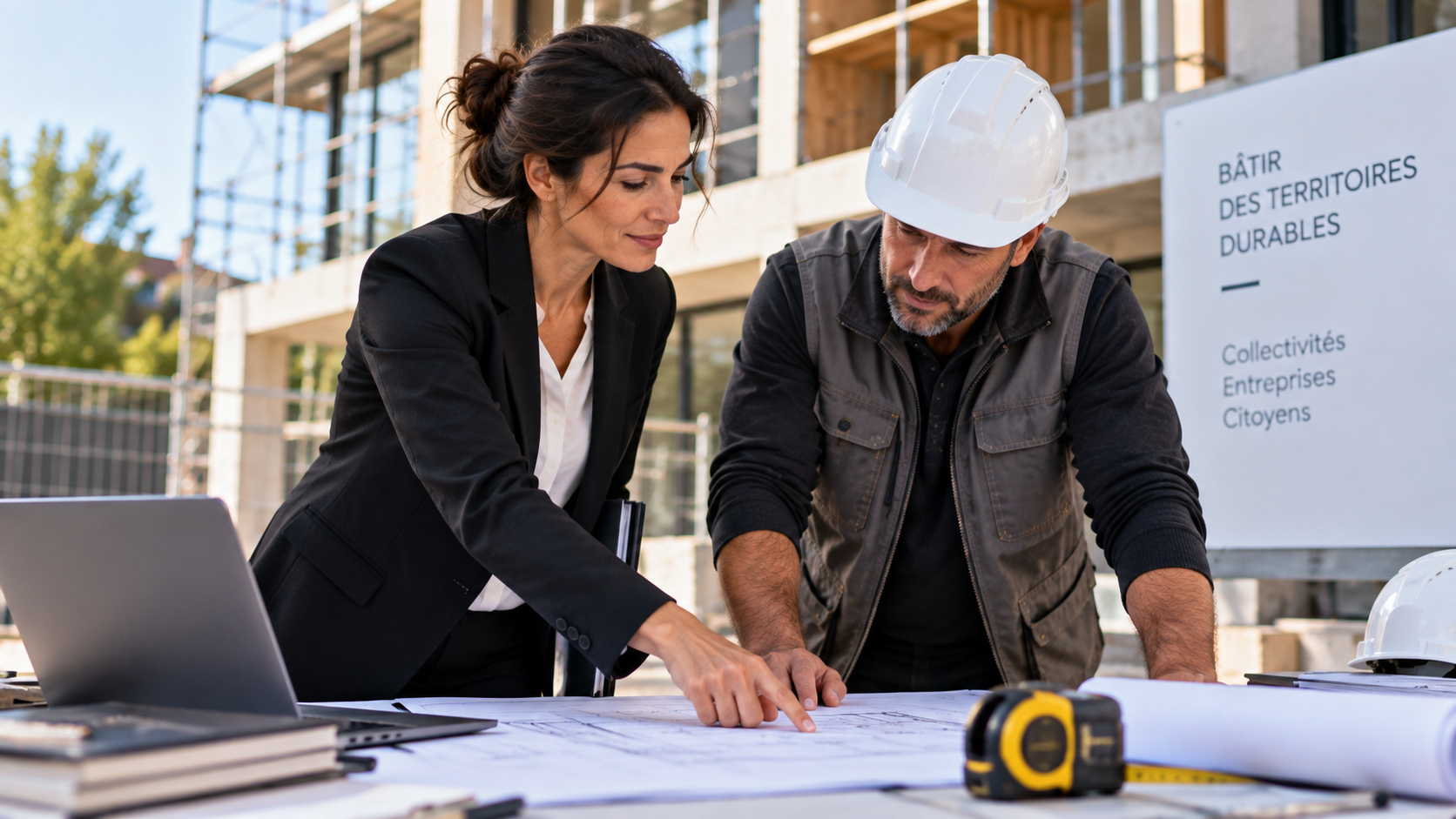 Consultante en costume et ouvrier du BTP casqué examinant des plans de construction sur un chantier, devant un panneau « Bâtir des territoires durables – Collectivités, Entreprises, Citoyens »